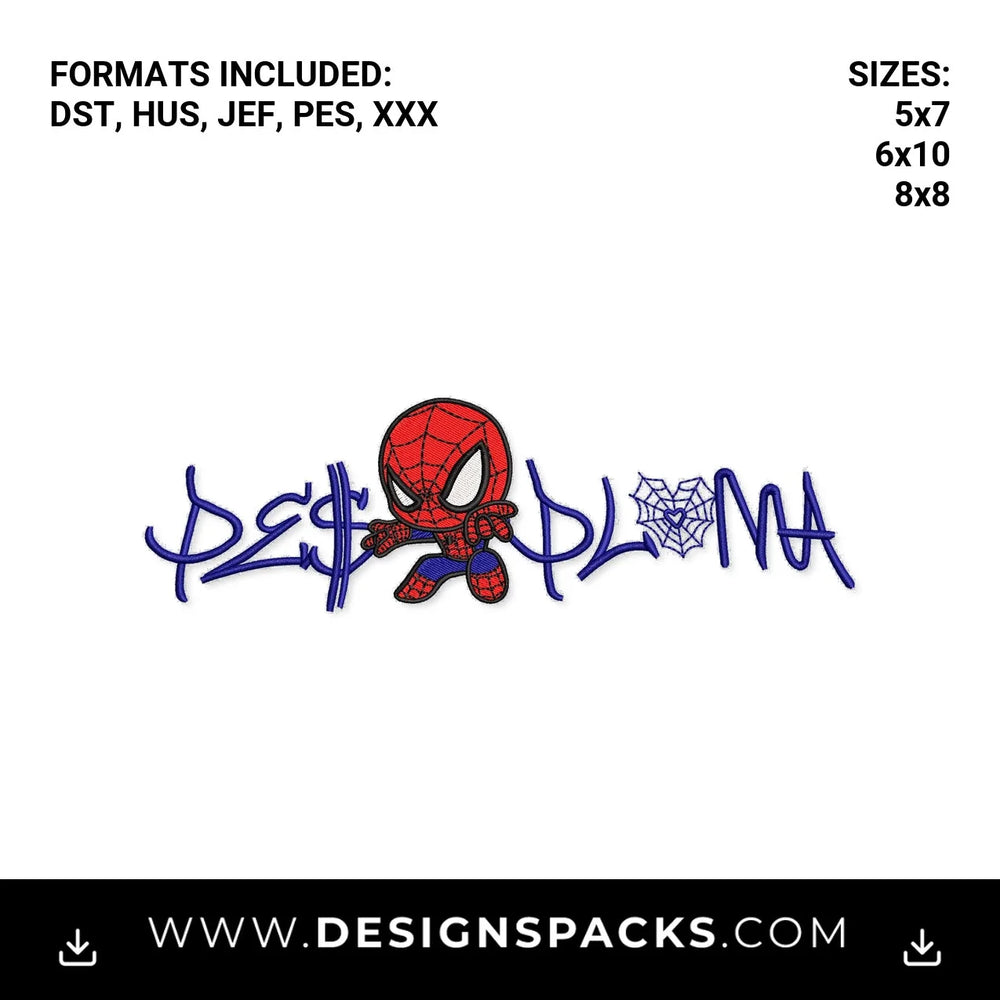 Chibi Spider Hero DE$PLOMA Web Logo Embroidery Design - Instant digital download pattern at Designspacks.com