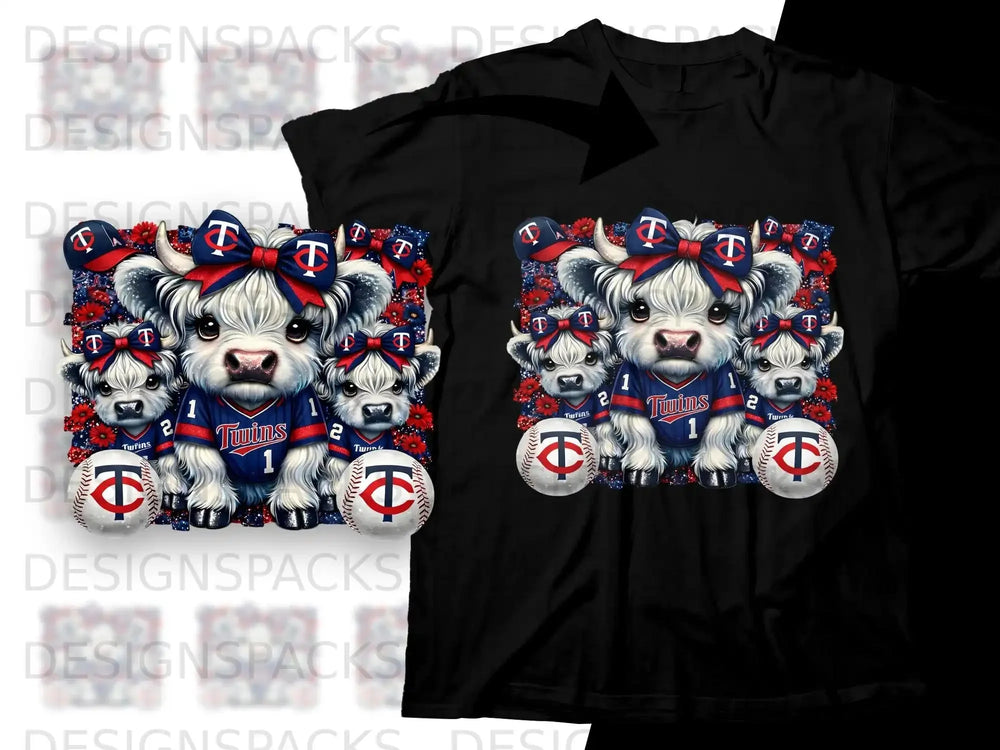 Fluffy cartoon cow with bows and baseballs, wearing Twins jerseys.