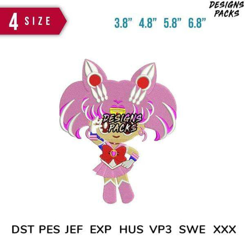 Cute pink anime girl embroidery design in 4 sizes, compatible with DST PES JEF formats for machine stitching.