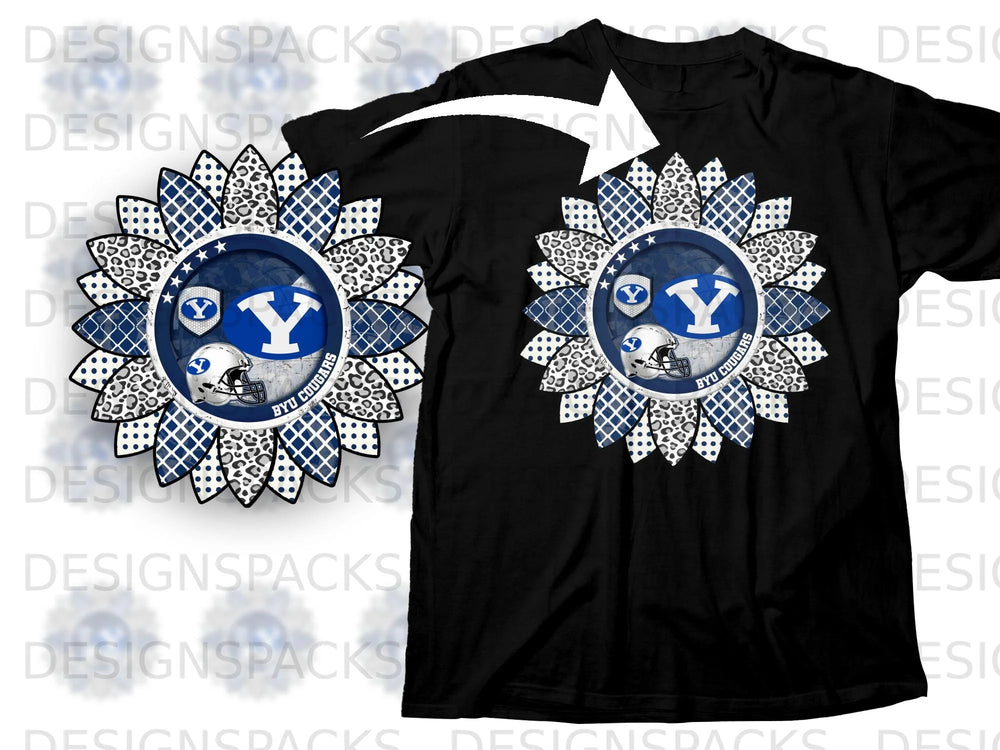 Sunflower design with BYU Cougars logo, helmet, and leopard print patterns.
