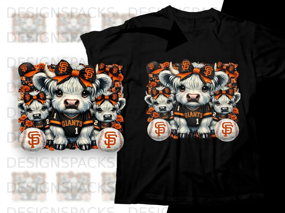 San Francisco Giants baby cows with bows and baseballs, on black t-shirt mockup.