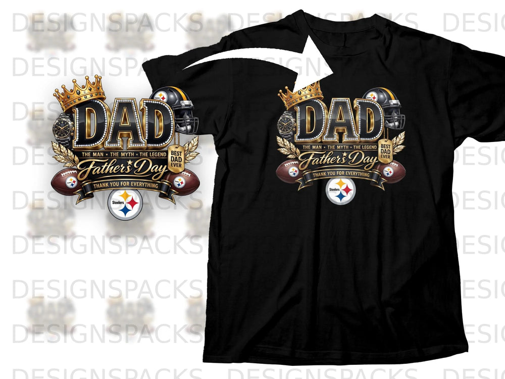 Black t-shirt with "DAD" graphics, crown, watch, Steelers helmet and football.