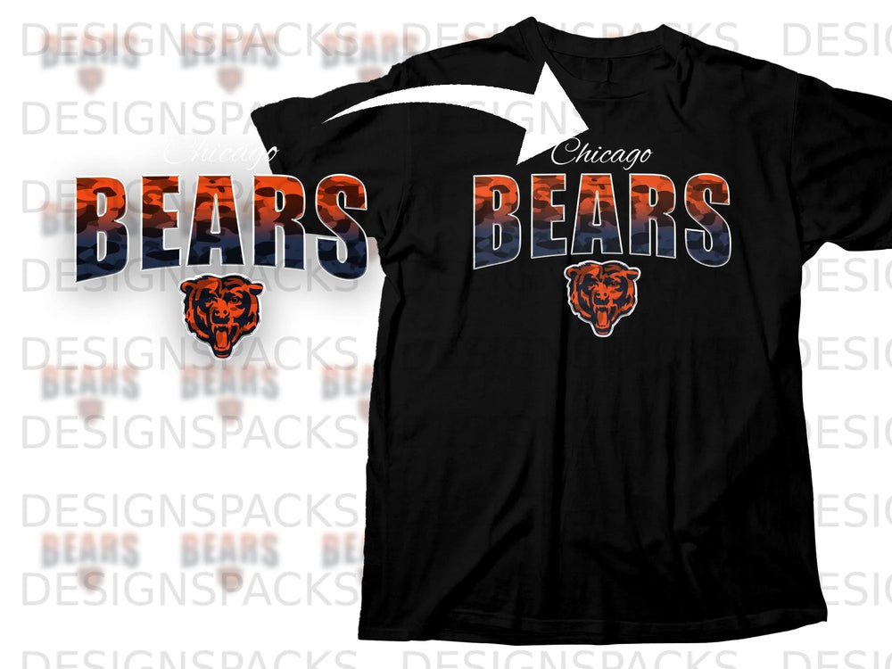 Chicago Bears t-shirt with pixelated camouflage pattern and bear head logo.