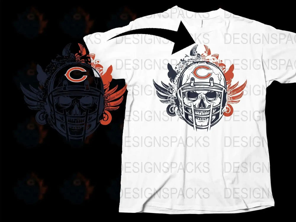 Chicago Sports Fan T-Shirt, Tribal Skull Design, Football Enthusiast Apparel, White Graphic Tee