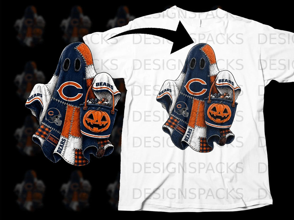 Chicago Bears ghost holding candy bucket with pumpkin, on a white t-shirt.