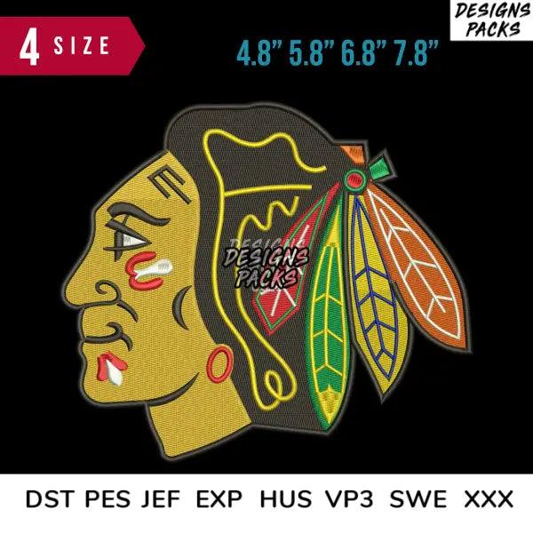Chicago Blackhawk Embroidery Design Size item :4.8" 5.8" 6.8" 7.8"