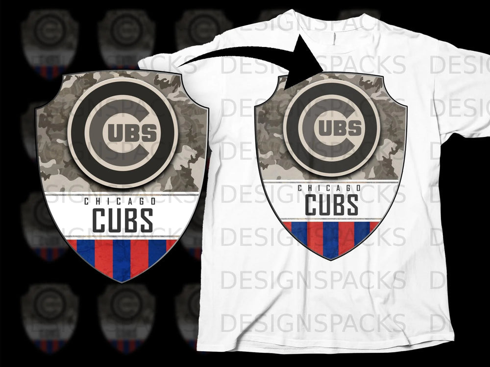 Chicago Cubs shield logo with camouflage and pinstripe design on white t-shirt.
