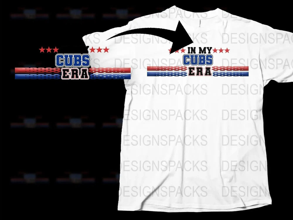 White t-shirt with 'In My Cubs Era' design, red stars, blue-red stripes, print-ready for DTG/DTF