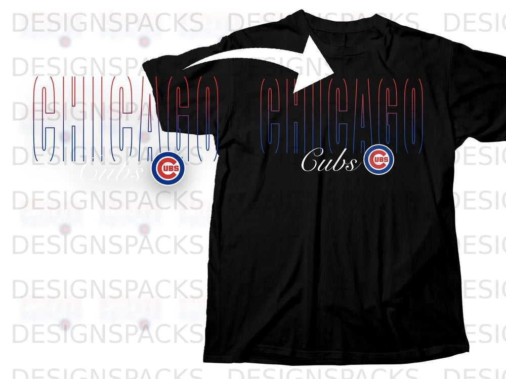 Black t-shirt with blue and red "CHICAGO CUBS" text and logo.