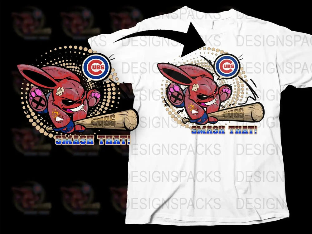 Cubs-themed t-shirt with cartoon bunny holding bat, 'SMASH THAT!' text, and team logo