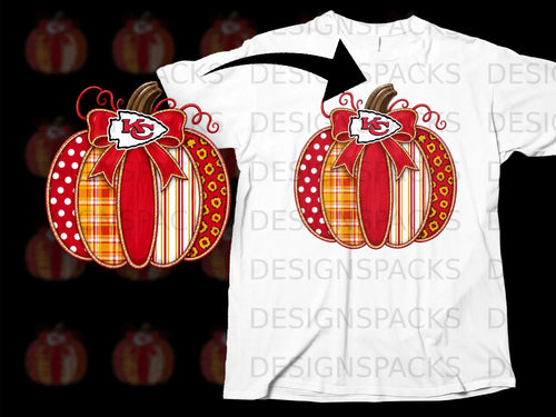 Patchwork pumpkin with Kansas City Chiefs logo on a white t-shirt.