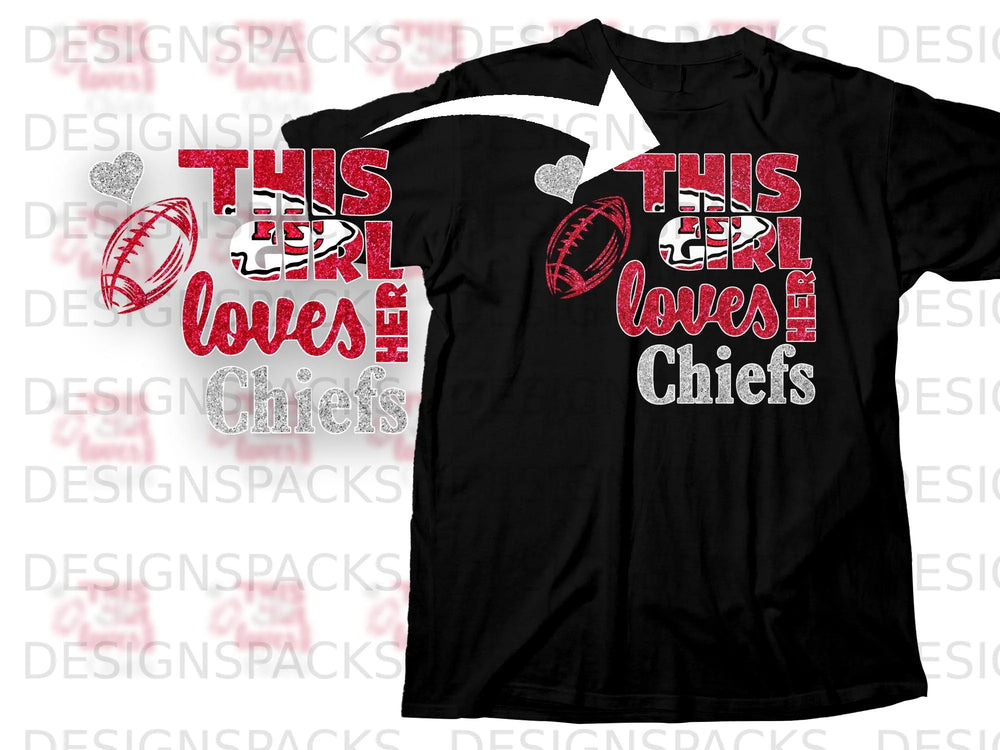 Black t-shirt with glitter text reading "This Girl Loves Chiefs," football, and heart.