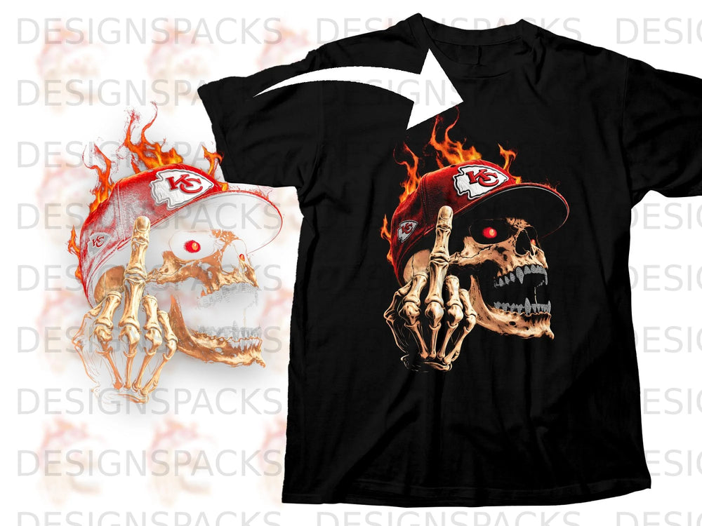 Black t-shirt with flaming skull wearing a Chiefs hat and making middle finger gesture.