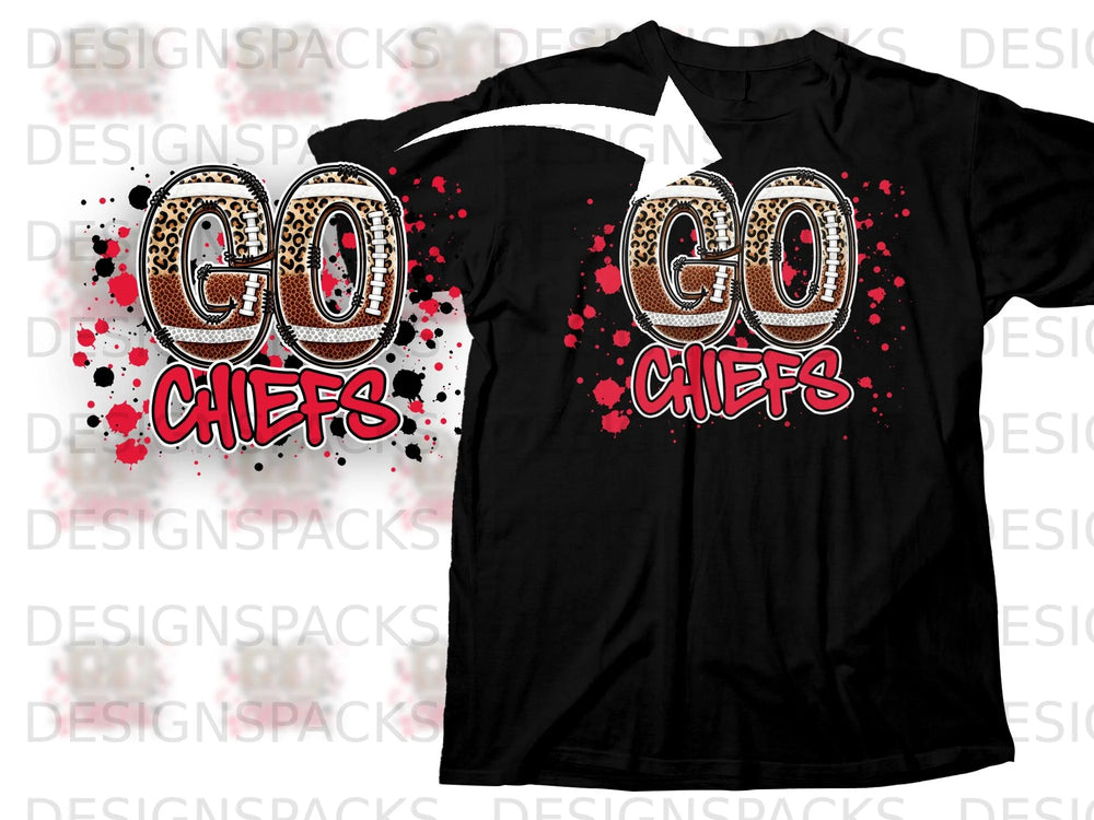 Black t-shirt with "GO CHIEFS" text in football and leopard print design.