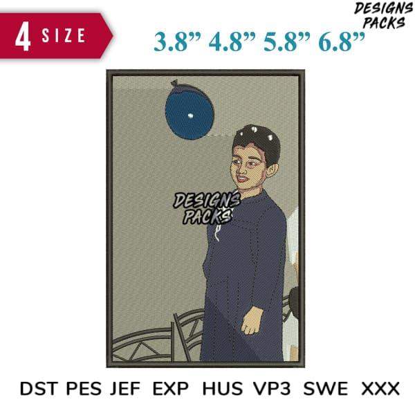 Embroidery design of anime-style boy with balloon, available in 4 sizes & multiple formats (DST, PES, JEF)