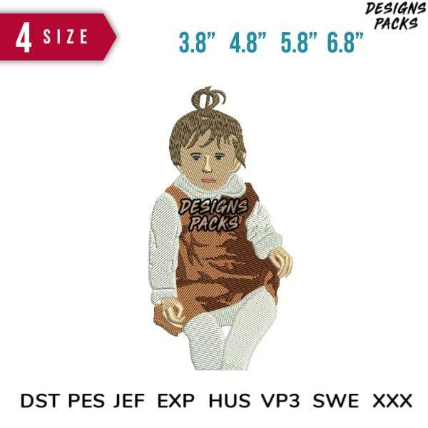Embroidery design of child in vest with 'Designs Packs' text, available in 4 sizes and multiple file formats