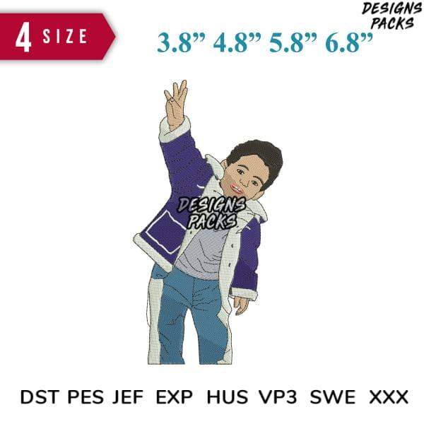 Embroidery design of a boy in a purple jacket waving, available in multiple sizes and formats