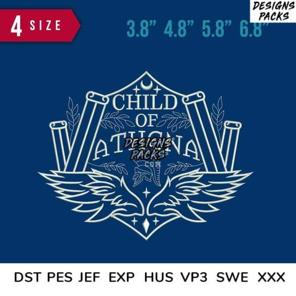 Child of Athena winged emblem design in 4 sizes, embroidery formats DST PES JEF EXP for instant download