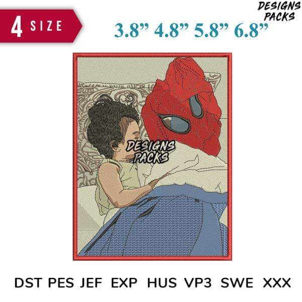 Spider-Man embroidery design with child sleeping, available in multiple sizes and formats