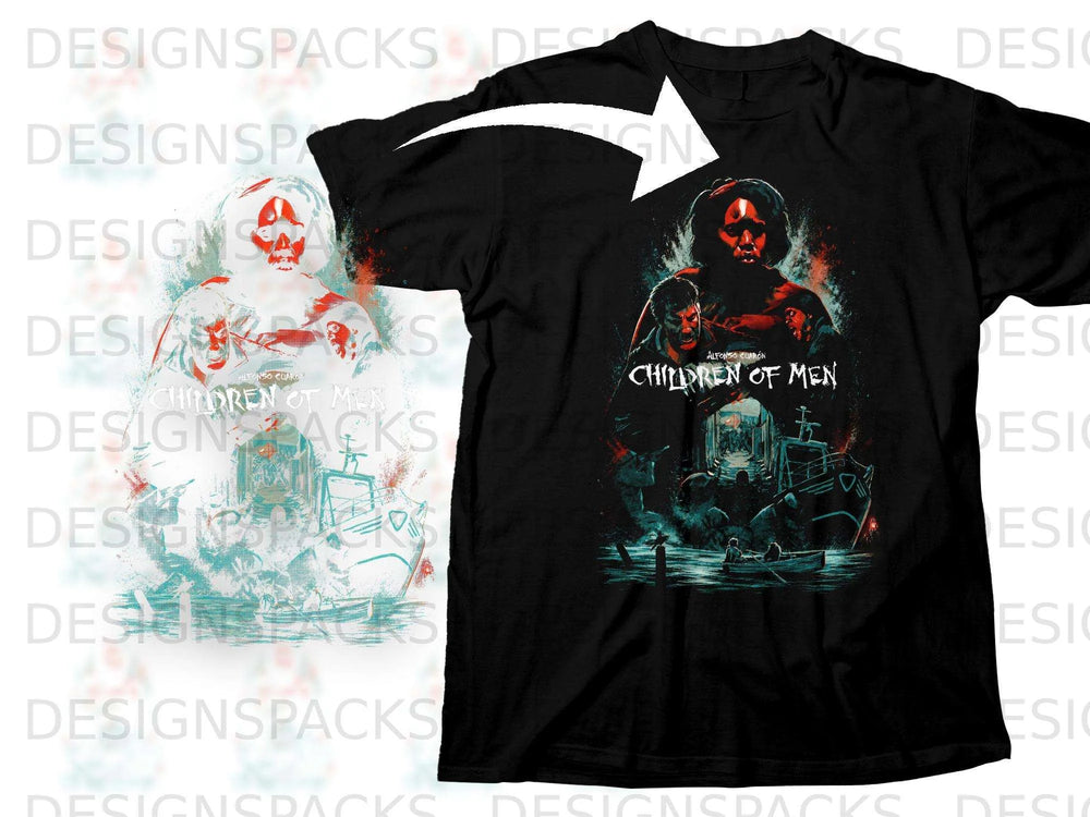 Black t-shirt with "Children of Men" movie poster art featuring figures and a boat.