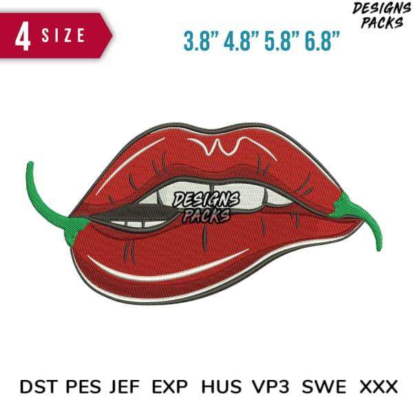 Embroidery design of red lips with green chili, available in multiple sizes and formats