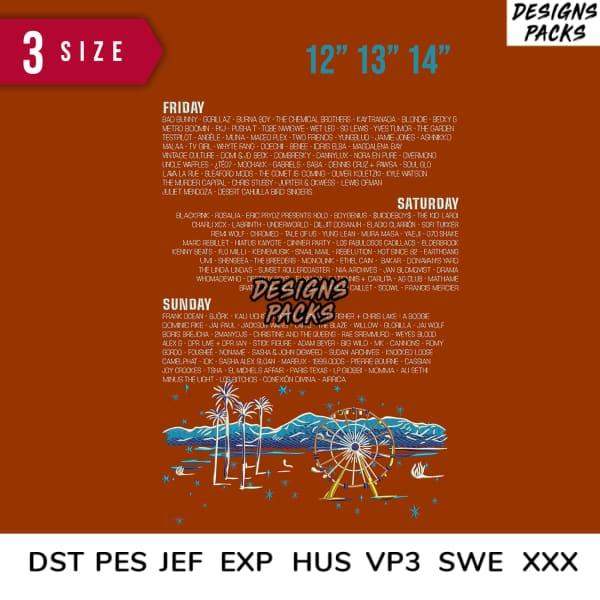 Festival lineup poster with 3 size options, palm trees, Ferris wheel, and embroidery file formats