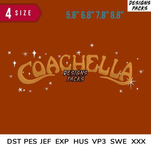 Coachella festival embroidery design with sparkles, available in 4 sizes & formats like PES, DST, EXP for instant download