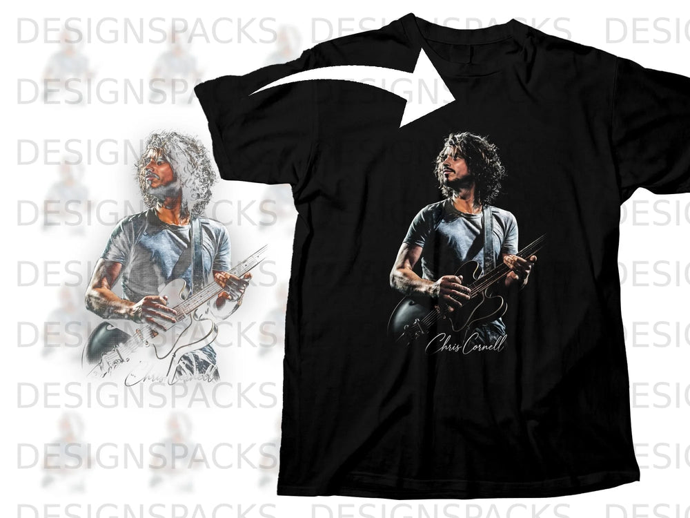 Black t-shirt with graphic of Chris Cornell playing guitar, text "Chris Cornell".