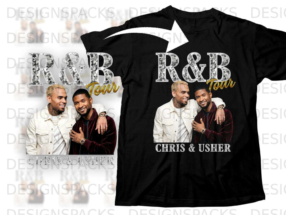 Black t-shirt with "R&B Tour" and photo of Chris Brown and Usher.
