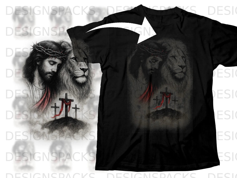 Black t-shirt with a graphic of Jesus and a lion, and three crosses.