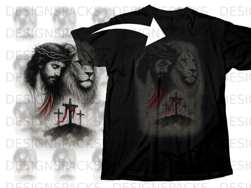 Black t-shirt with a graphic of Jesus and a lion, and three crosses.
