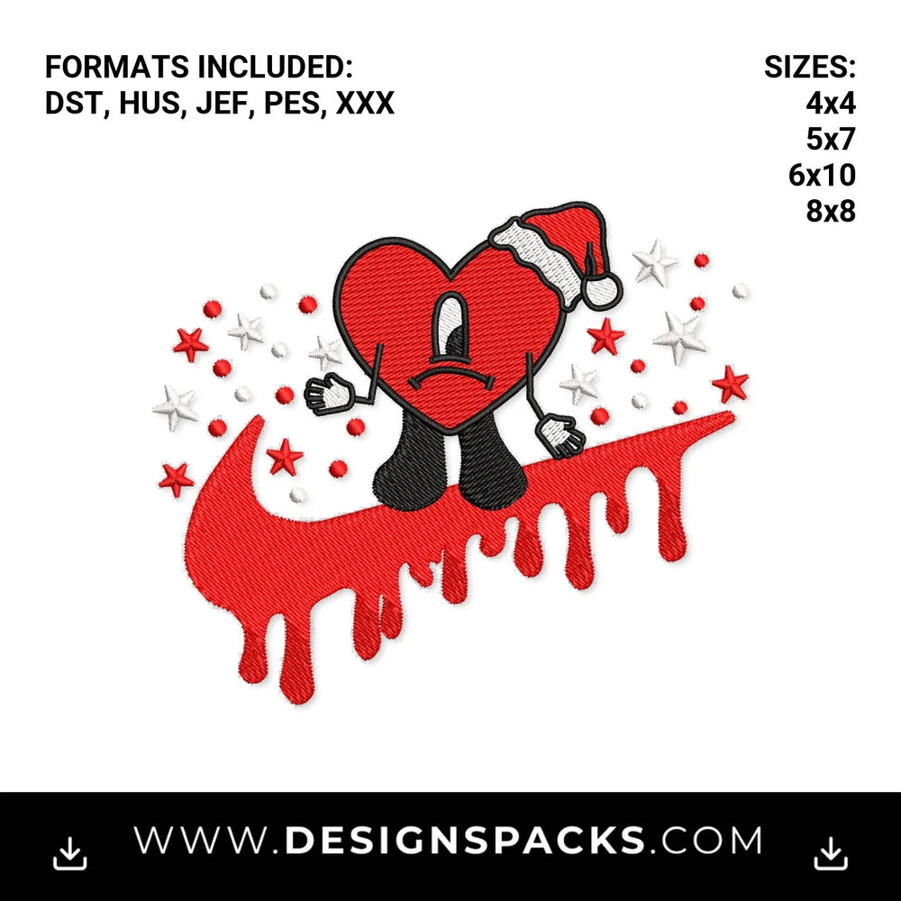 Christmas Bad Bunny Heart Dripping Swoosh Embroidery Design - Instant digital download pattern at Designspacks.com