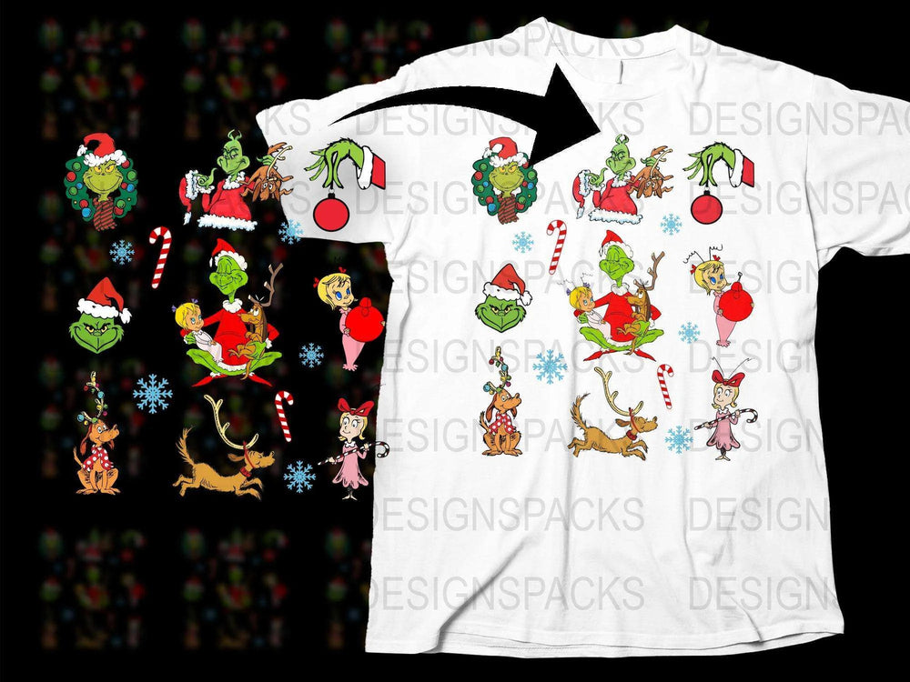 Christmas Cartoon Characters T-Shirt, Festive Holiday Apparel, Funny Santa Grinch Reindeer Snowman Tee