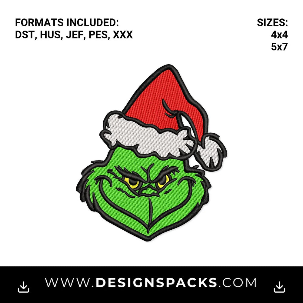 Christmas Grinch Face with Santa Hat Embroidery Design - Instant digital download pattern at Designspacks.com