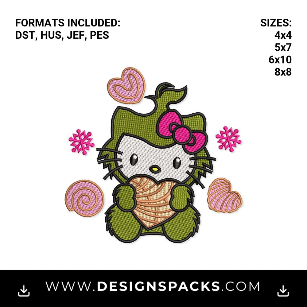 Christmas Grinch Kitty Heart Concha Embroidery Design - Instant digital download pattern at Designspacks.com