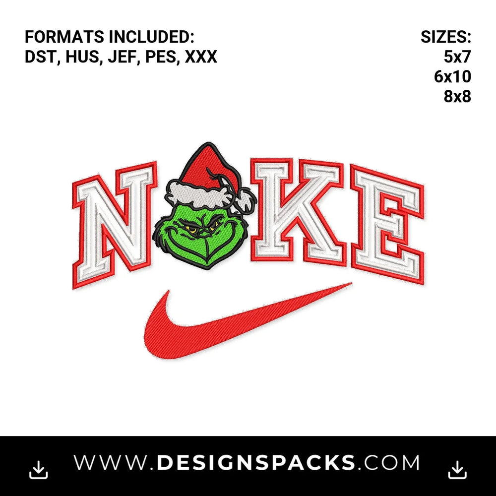 Christmas Grinch Nike Swoosh Embroidery Design - Instant digital download pattern at Designspacks.com