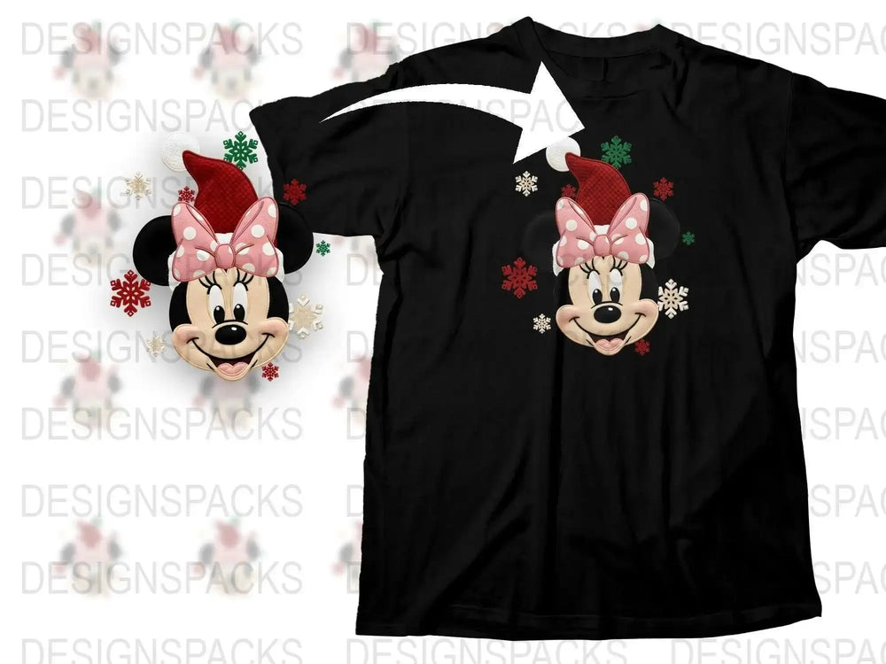 Festive Holiday T-Shirt with Cartoon Mouse Character, Christmas Snowflakes Design, Women's Casual Tee, Gift Idea