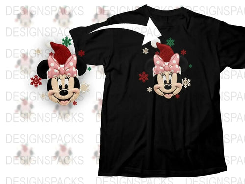 Festive Holiday T-Shirt with Cartoon Mouse Character, Christmas Snowflakes Design, Women's Casual Tee, Gift Idea