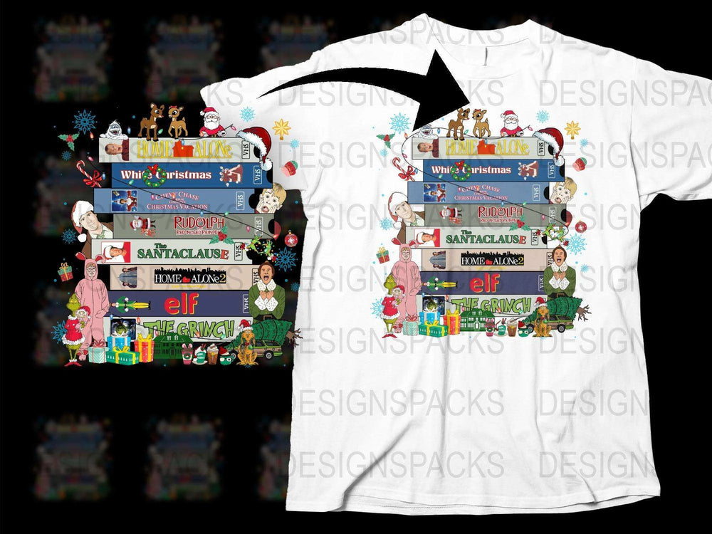 Festive Christmas T-Shirt with Santa Elf Reindeer Cartoon Design, Holiday Family Apparel, Colorful Xmas Graphic Tee for All Ages