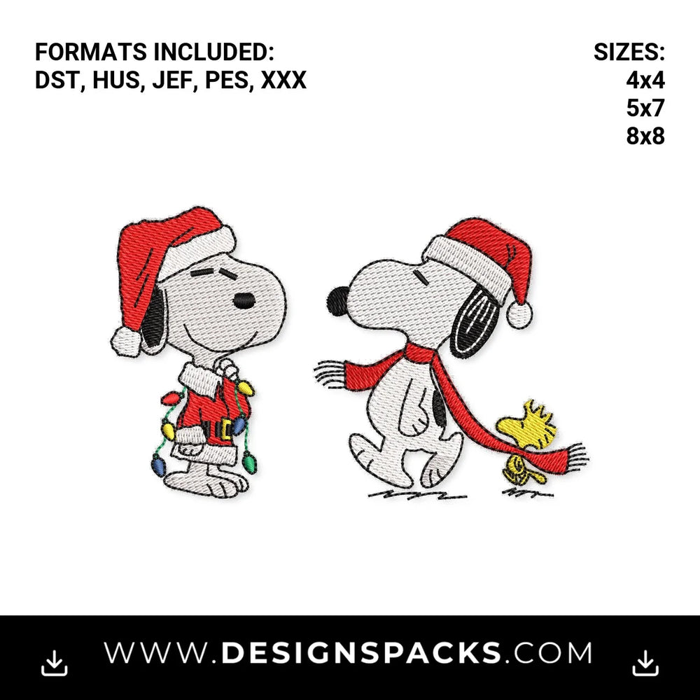 Christmas Snoopy & Woodstock Santa Set Embroidery Design - Instant digital download pattern at Designspacks.com