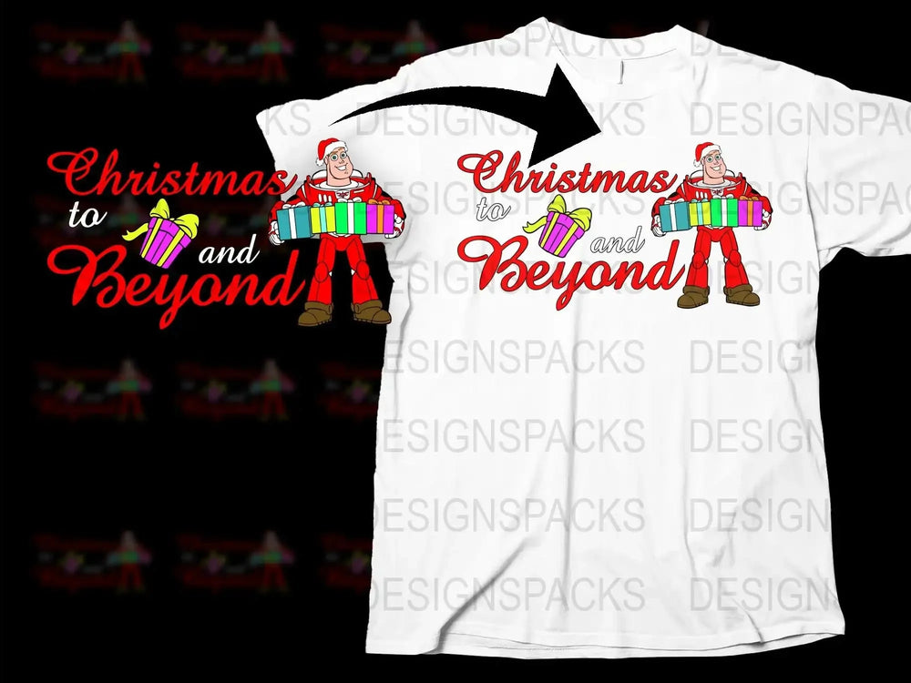 Christmas and Beyond Santa T-Shirt, Festive Holiday Graphic Tee, Colorful Presents Design, Unisex Cotton Shirt