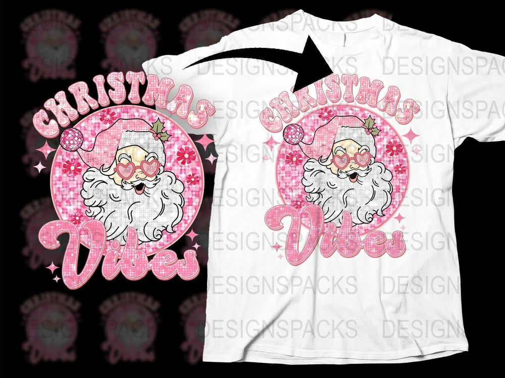 Festive Christmas Vibes T-Shirt, Santa Claus Graphic, Pink Holiday Casual Wear for All Ages