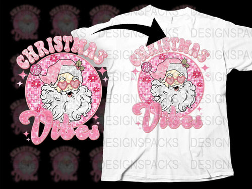 Festive Christmas Vibes T-Shirt, Santa Claus Graphic, Pink Holiday Casual Wear for All Ages
