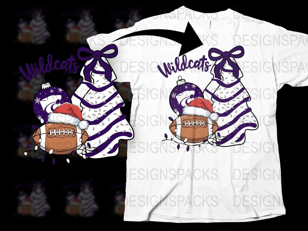 Wildcats Football Christmas T-Shirt | Santa Hat Purple Bow Festive Holiday Tee | Sports Team Apparel Gift