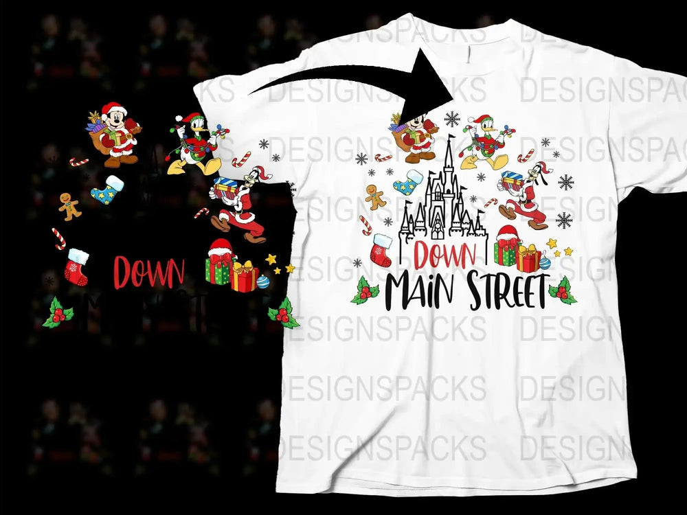 Festive Christmas T-Shirt Holiday Characters Snowmen Reindeer Santa Claus Design White Tee