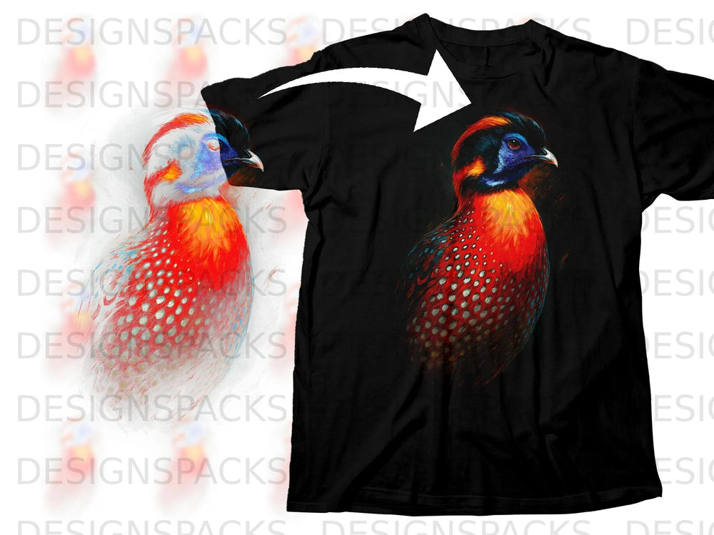 Black t-shirt with a detailed print of a colorful bird with red, blue, and yellow feathers.