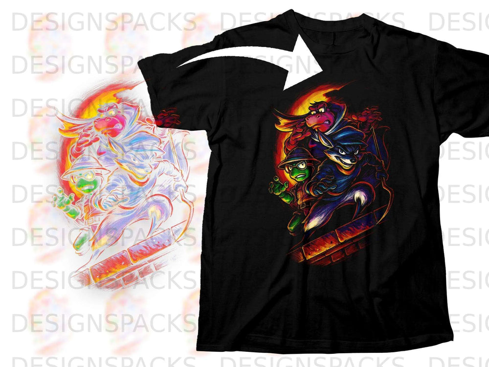 Black t-shirt with cartoon characters Sly Cooper, Bentley, and Murray in a fiery graphic.