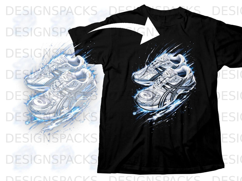 Black t-shirt featuring a graphic of two white and silver athletic shoes with blue energy effects.