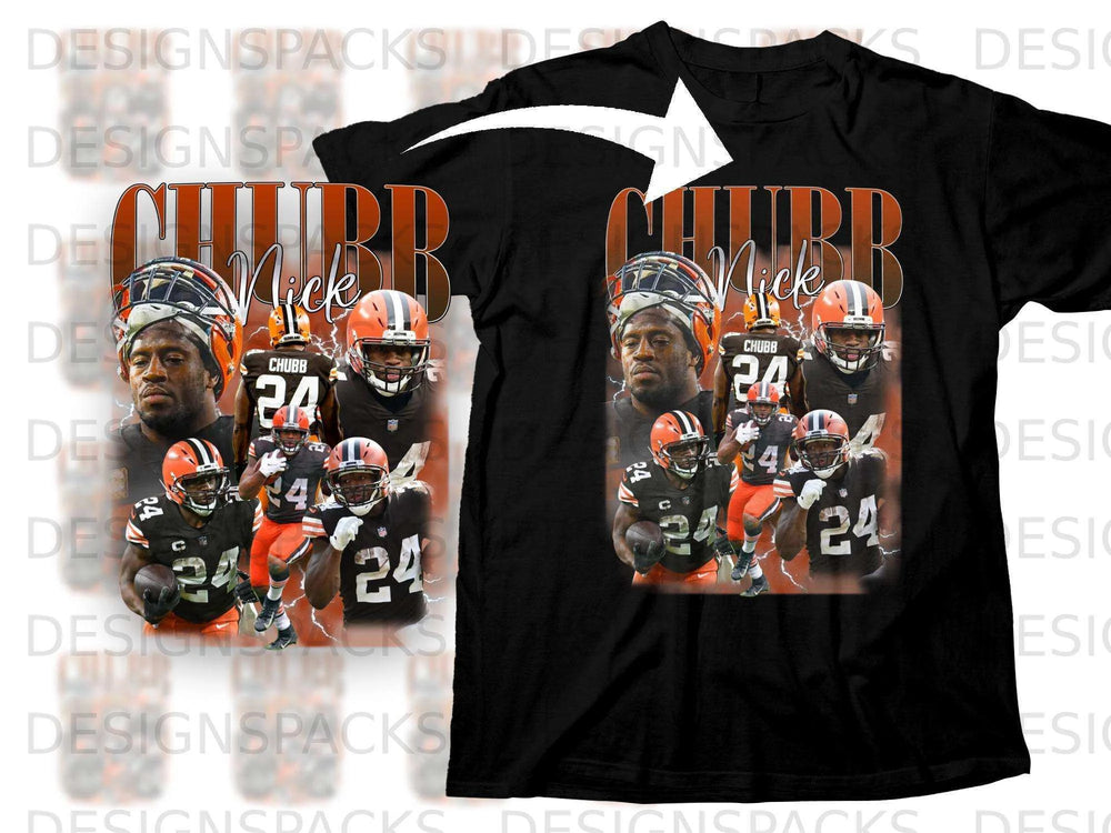 Cleveland Browns Nick Chubb #24 t-shirt with multiple player images.