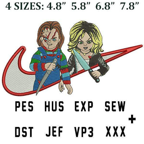 Chucky and Tiffany embroidery design in 4 sizes, PES HUS EXP SEW DST JEF VP3 XXX formats, print-ready